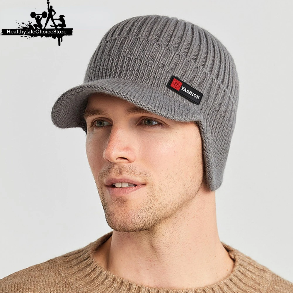 Men's Warm Winter Hat - Knitted Cap with Ear Protection & Windproof Scarf